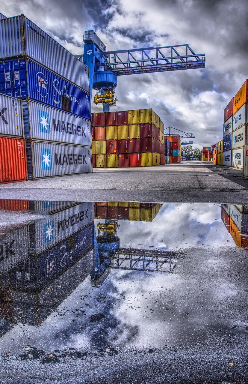 container, port, loading, stacked, container terminal, container handling, loading crane, crane, freight, transshipment point, germany, to dye, heaven, clouds, hdr, contrast, nature, high dynamic range, multicoloured, industry, company, heavy, stole, puddle, reflection, water, wet, rain